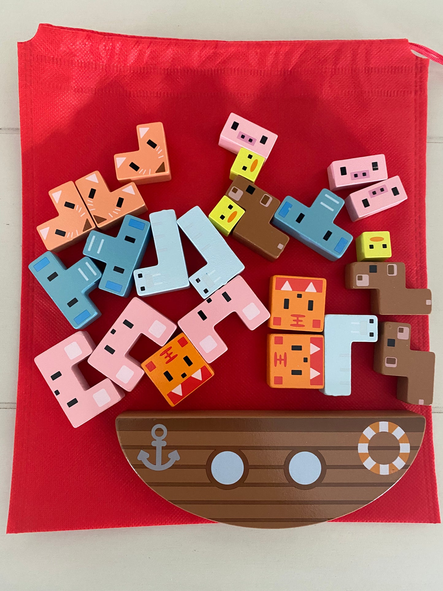 Wooden Vertical Stacking Puzzle with Ship Base and Animals