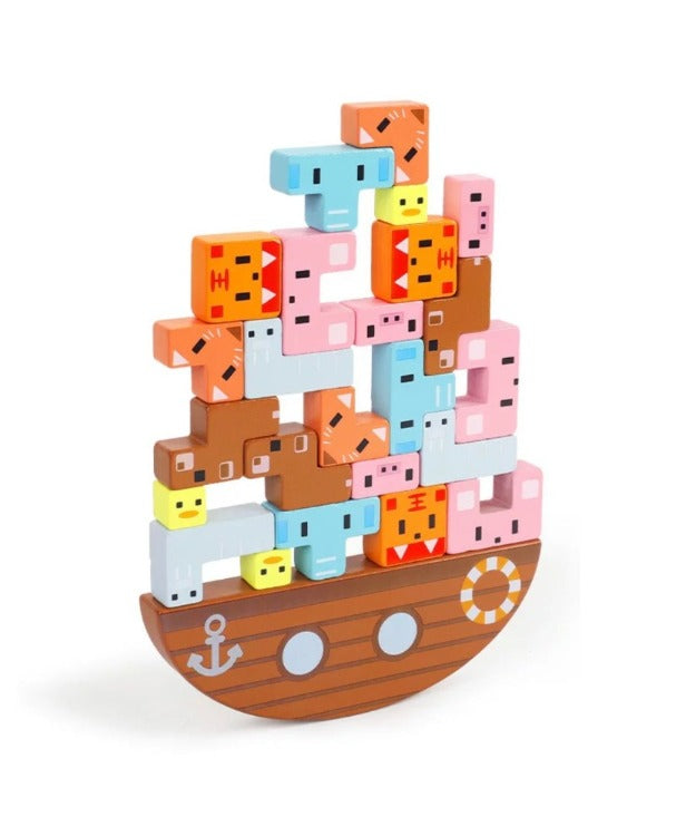 Wooden Vertical Stacking Puzzle with Ship Base and Animals