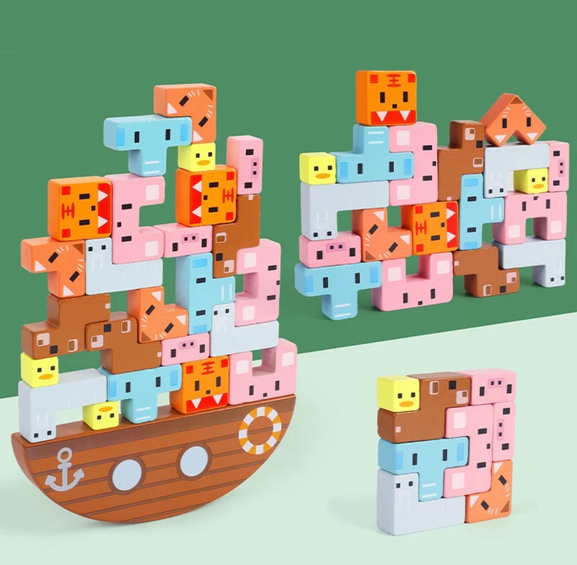 Wooden Vertical Stacking Puzzle with Ship Base and Animals