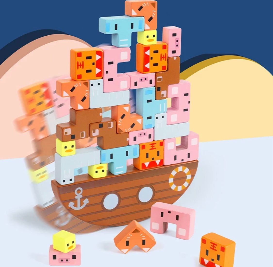 Wooden Vertical Stacking Puzzle with Ship Base and Animals