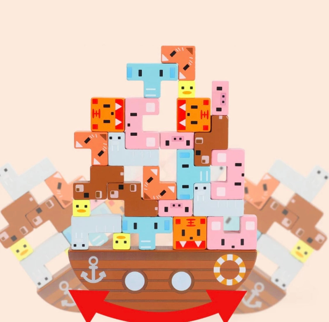 Wooden Vertical Stacking Puzzle with Ship Base and Animals